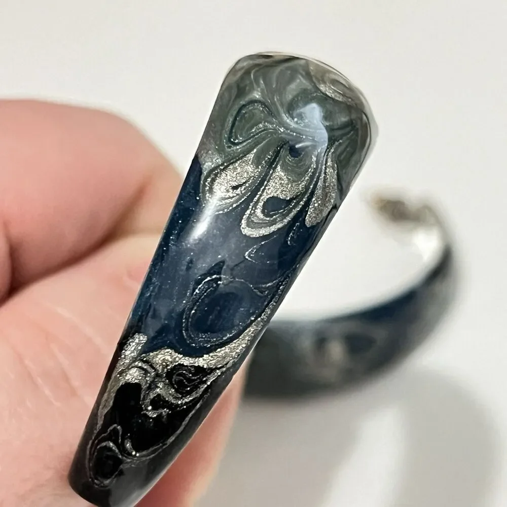 Vintage Round Metal Blue Silver Shimmer Hoop‎ Earrings